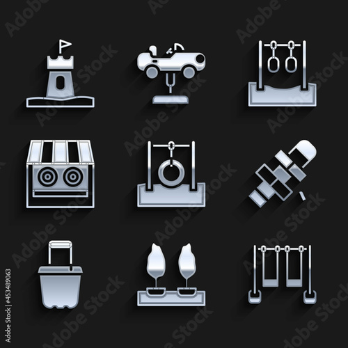 Set Car tire hanging on rope, Forest, Double swing, Hopscotch, Sand bucket, Shooting gallery, Gymnastic rings and tower icon. Vector