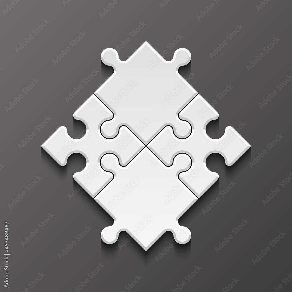 Obraz premium White Puzzle four piece business presentation. Square infograph. Circle 4 Step process diagram card. Section compare service banner. 3d Abstract Background