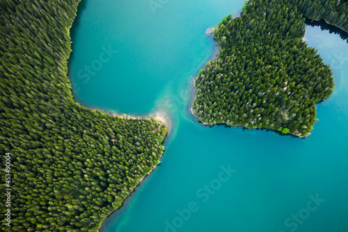 Black Lake (Crno jezero) is a lake in the Municipality of Žabljak in northern Montenegro. Top view of boats. © Sliver
