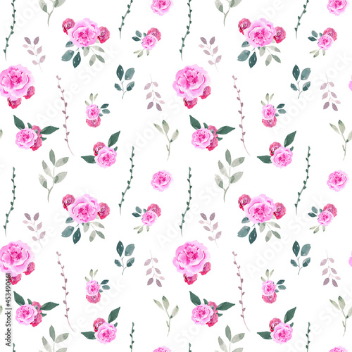 Seamless floral design in watercolor style. Seamless pattern of pink rose and greenery