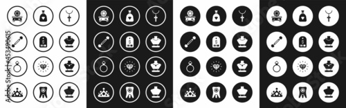 Set Christian cross on chain, Price tag with dollar, Piercing, Gem stone, Necklace mannequin, Bag gems, and Diamond engagement ring icon. Vector