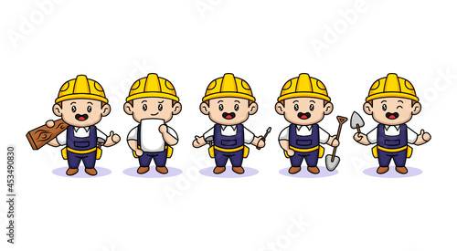 Set of cute kid with construction worker costume mascot design