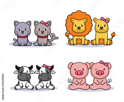 Set of cute couple animals in Valentine's Day