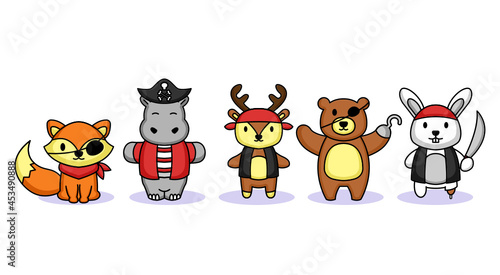 Set of cute animals in pirate costume mascot design