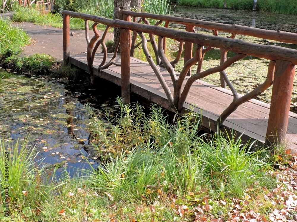 Wooden bridge on the forest pond Wooden bridge on the forest pond