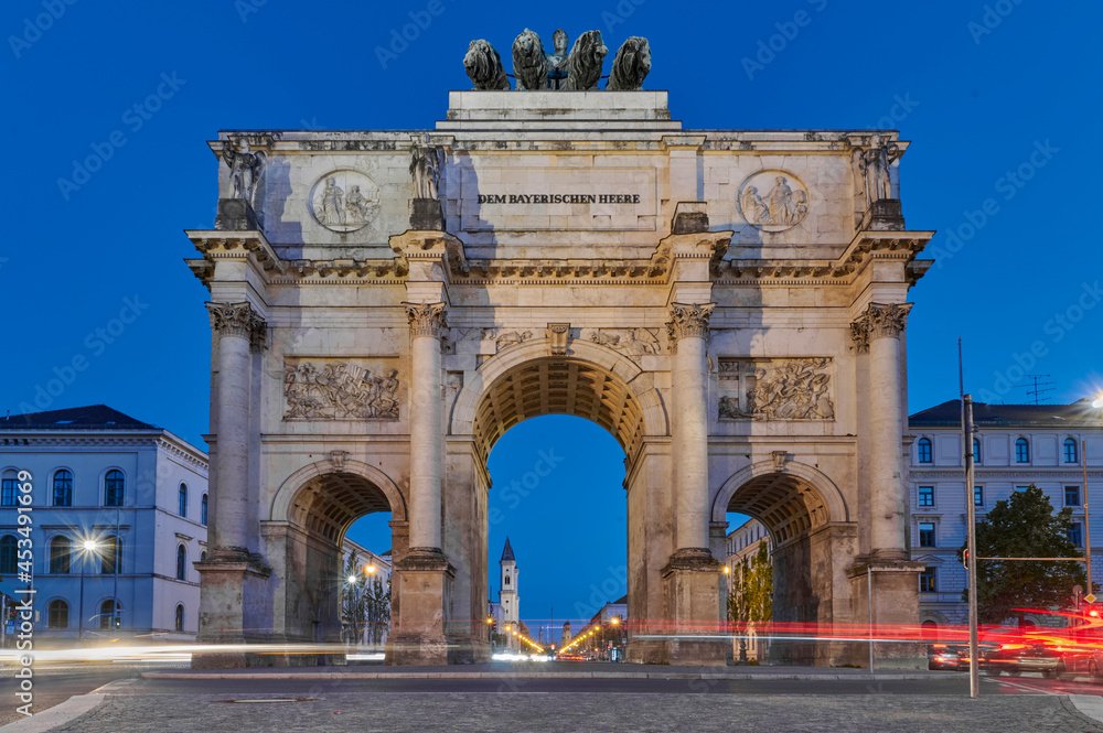 Victory gate in Munich, Ludwigstraße, at the blue hour, Bavaria, Germany, Europe