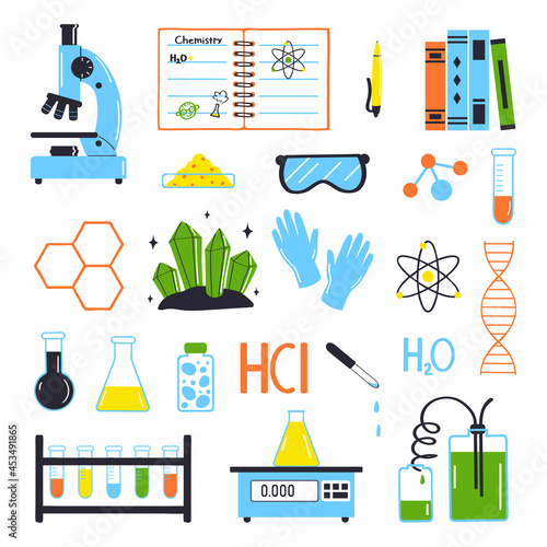 Set of items for the study of chemistry isolated on a white background. School concept. Vector illustration in flat style.