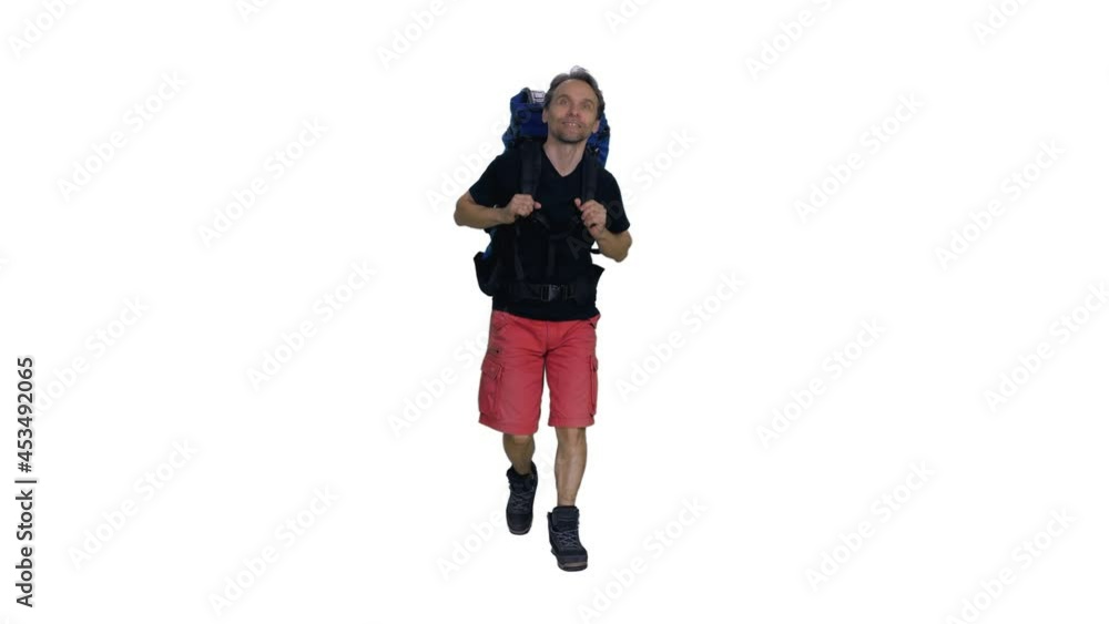 Front view of outdoorsy happy man in black t-shirt and red shorts walking to camping with rucksack, Full HD footage with alpha transparency channel isolated on white background Front view of outdoorsy happy man in black t-shirt and red shorts walking to camping with rucksack, Full HD footage with alpha transparency channel isolated on white background