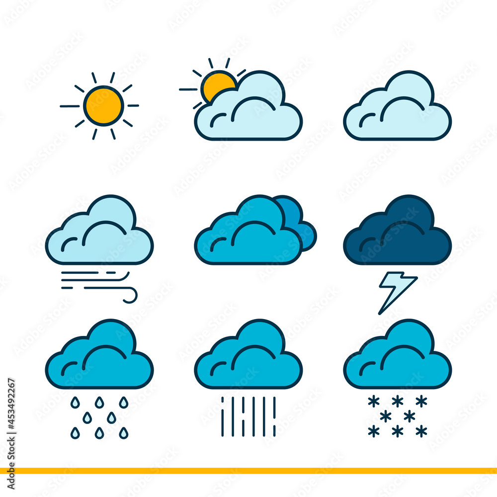 Weather forecast icons with an outline are isolated on a white background. Vector illustration. Weather forecast icons with an outline are isolated on a white background. Vector illustration.