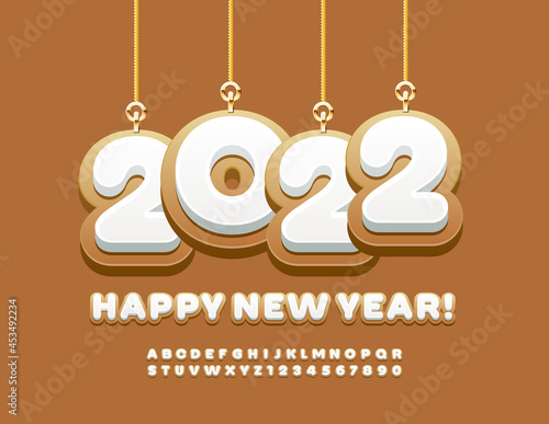 Vector Greeting Card Happy New Year 2022 with Christmas toys.  Gingerbread Alphabet Letters and NUmbers set. Cookie style Font