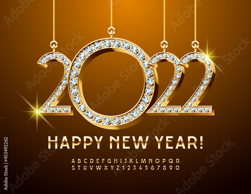 Vector stylish Greeting Card Happy New Year 2022! Chic Modern Font. Golden Alphabet Letters and Numbers