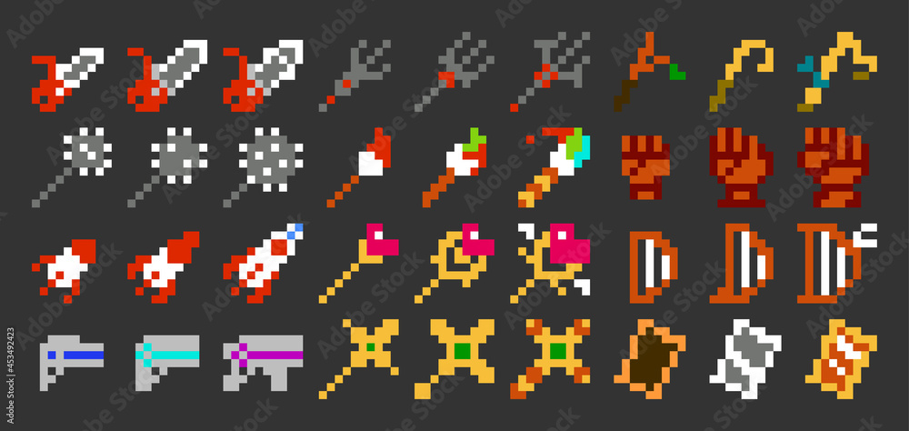 Pixel art vector game weapon icon set 3 (8bit-color) Pixel art vector game weapon icon set 3 (8bit-color)