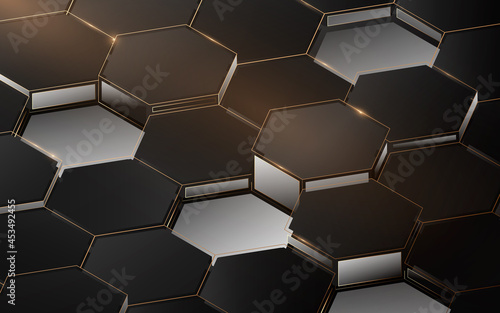 Abstract 3d luxury hexagonal structure pattern. Elegant gold, black and white geometric background. Vector illustration