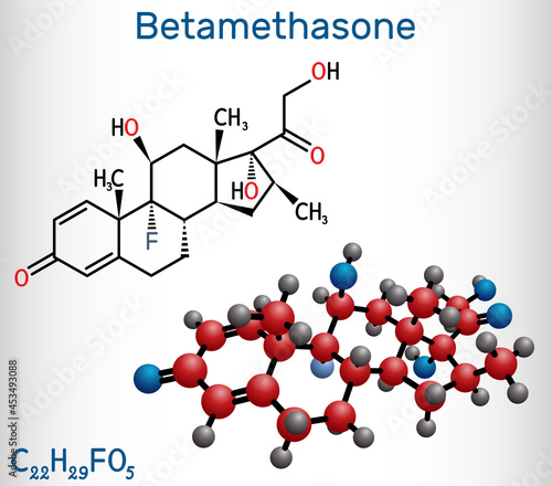 Betamethasone, molecule. It is synthetic corticosteroid, glucocorticoid with metabolic, immunosuppressive and anti-inflammatory activities. Structural chemical formula and molecule model