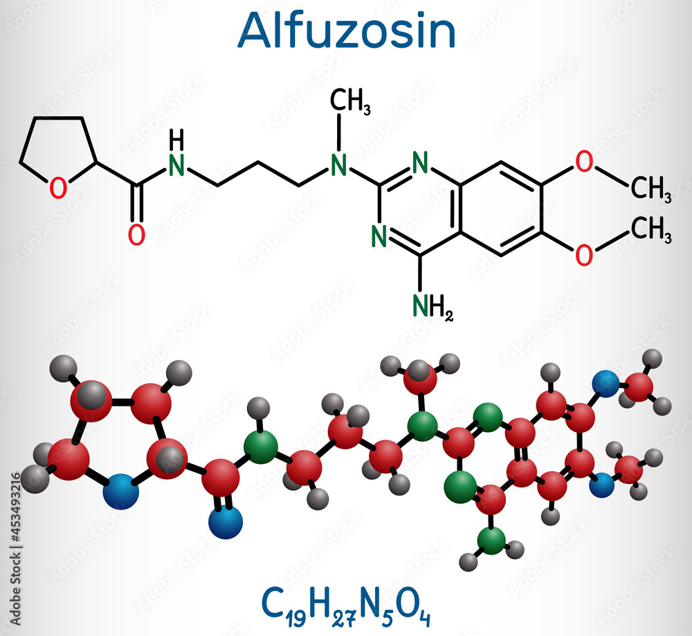 Alfuzosin molecule. It is antineoplastic agent, an antihypertensive agent, an alpha-adrenergic antagonist. Structural chemical formula and molecule model