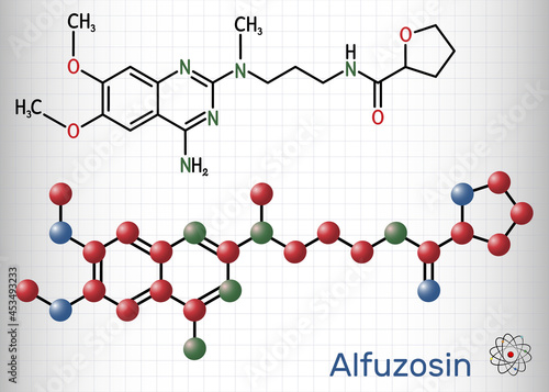 Alfuzosin molecule. It is antineoplastic agent, an antihypertensive agent, an alpha-adrenergic antagonist. Structural chemical formula and molecule model. Sheet of paper in a cage
