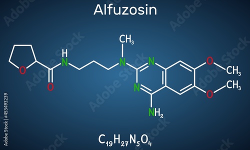 Alfuzosin molecule. It is antineoplastic agent, an antihypertensive agent, an alpha-adrenergic antagonist. Structural chemical formula on the dark blue background. Vector illustration