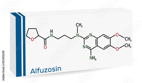 Alfuzosin molecule. It is antineoplastic agent, an antihypertensive agent, an alpha-adrenergic antagonist. Skeletal chemical formula. Paper packaging for drugs
