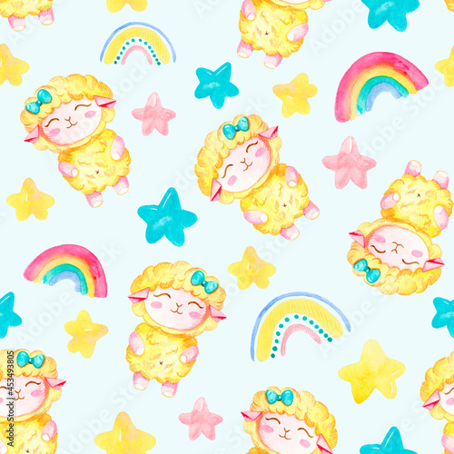 Watercolor seamless kids pattern with fairy sheep clouds rainbow stars. Cute cartoon background for children. 