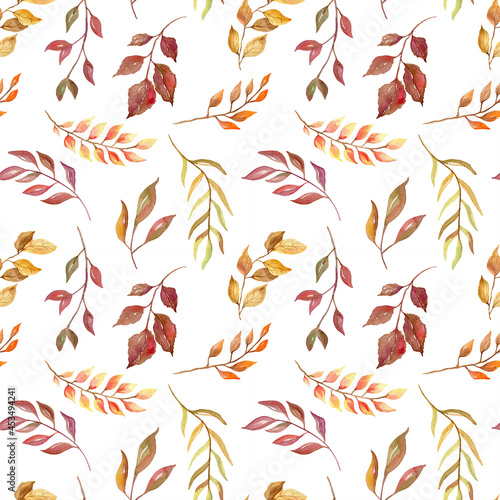 Simple seamless pattern with hand drawn watercolor autumn leaves and foliage on white background. Romantic motif for fabric print, home and dress textile