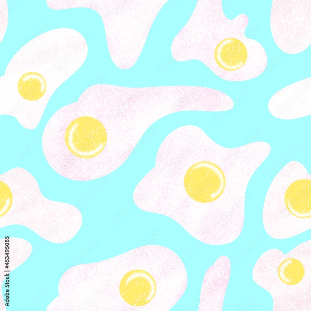 Seamless pattern with pink scrambled eggs from sparkles on a blue background