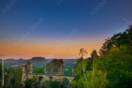 sunset scenery over the rock formations near the Bastei Bridge 
