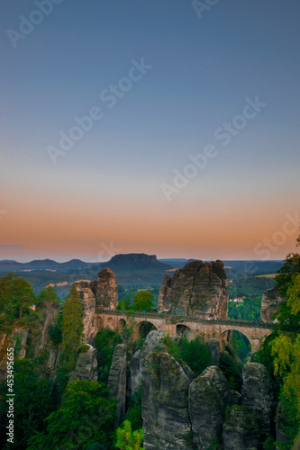 sunset scenery over the rock formations near the Bastei Bridge 