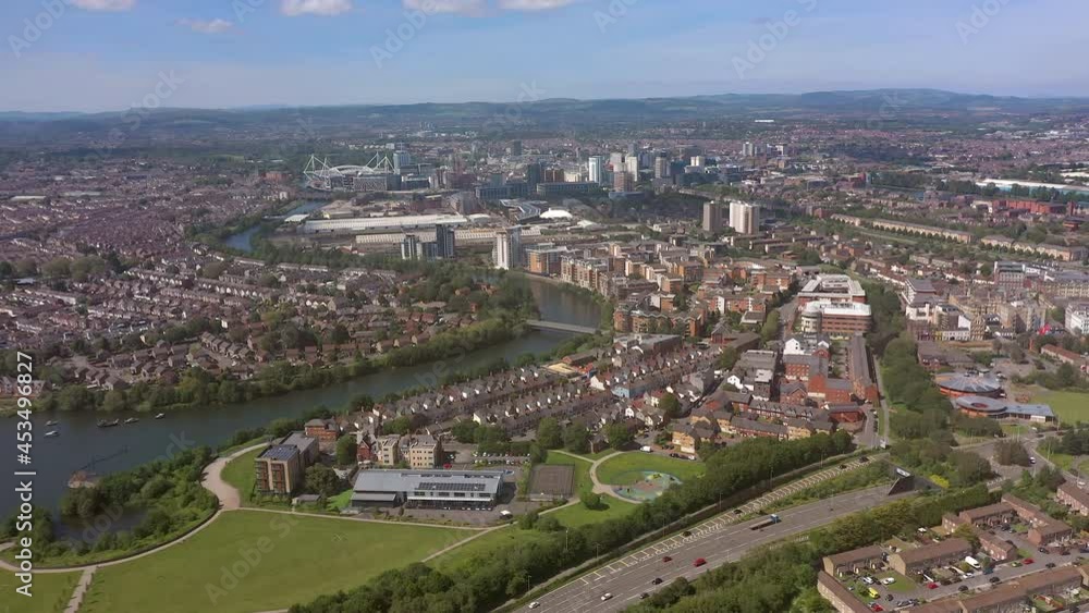 Aerial over the river Taff and Cardiff city, Cardiff, South Glamorgan, Wales, United Kingdom Aerial over the river Taff and Cardiff city, Cardiff, South Glamorgan, Wales, United Kingdom