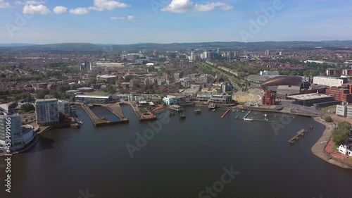 Aerial over Cardiff Bay, Pierhead building and Welsh Assembley (Seneddd) Wales, United Kingdom photo