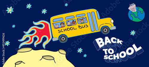 Back to School Panoramic Doodle Style Creative Concept with School Bus Starting up from Moon to Earth with Funny Kids on Board - Stars and Logo Lettering on Space Background - Flat Graphic Design