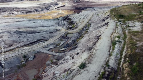 Total destruction of nature, landscape and water balance. There is hardly any greater impact on the environment than open-cast lignite mining. Drone footage with panoramic view in Germany.