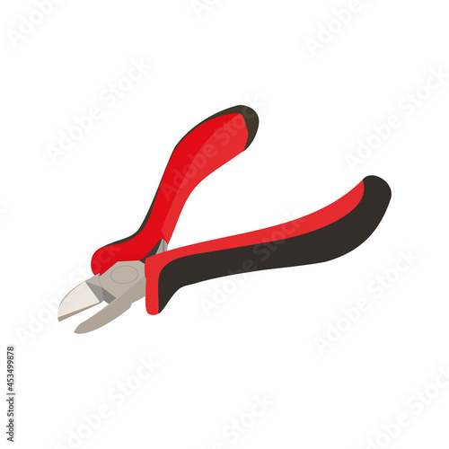Opened wire cutters. Isometric metal wire cutters with rubber handles