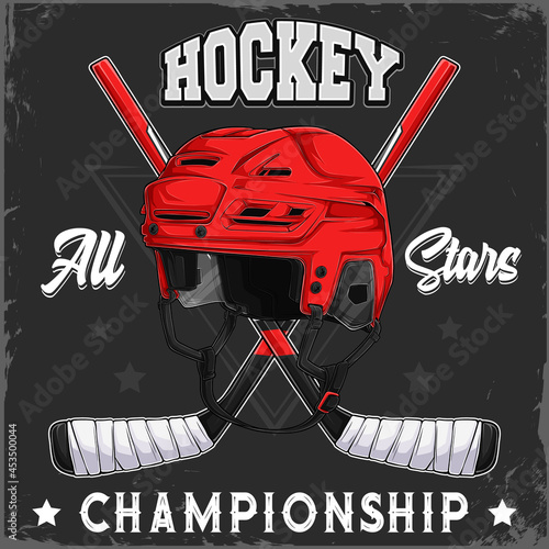 Hand drawn Ice Hockey red helmet and crossed sticks with hockey all stars championship text