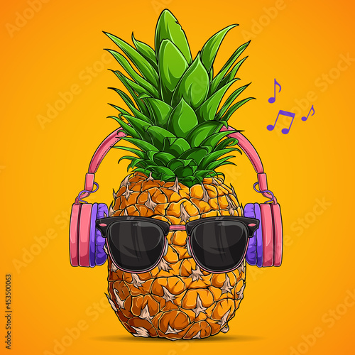 Fashion pineapple with sunglasses and headphones listens to music over yellow background