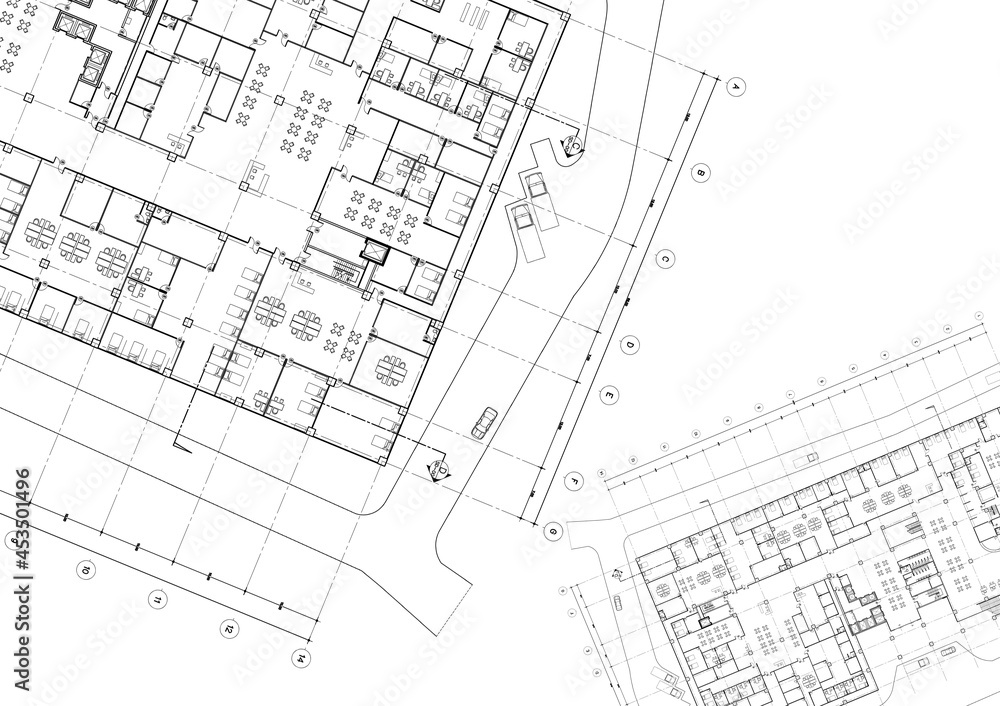 Floor plan designed building on the drawing. Floor plan designed building on the drawing.