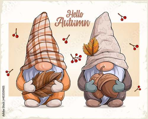 Hand drawn cute gnomes in autumn disguise holding nuts and leaf hello autumn text