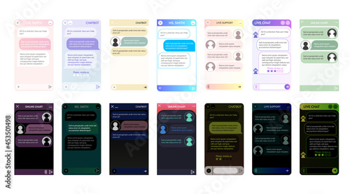 Chatbot window set. Dark and light mode. User interface of application with online dialogue. Conversation with a robot assistant