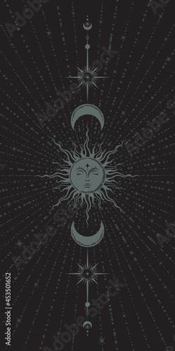 Vector mystical dark background including sun with face, moons, stars and radial beams. Boho illustration in retro style on black backdrop. Esoteric vertical banner with crescents and magical symbols