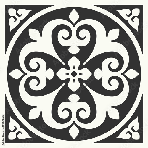Portuguese floor ceramic tiles azulejo design, mediterranean pattern black and white