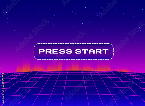 A retro-futuristic vector illustration with a glowing neon perspective grid and a prominent 'PRESS START' button, set against a star-filled, purple gradient sky
