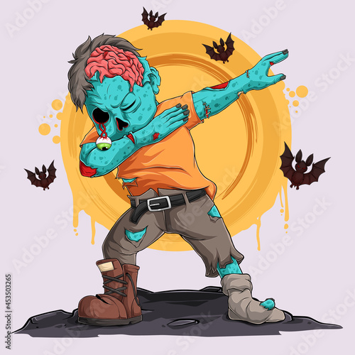 Hand drawn zombie doing dabbing dance with bats around him, scary character doing dab movement