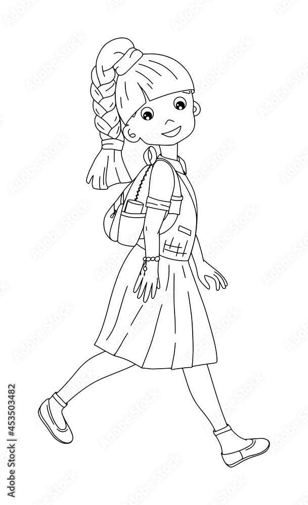 School girl in uniform for back to school concept in black and white color, can use for coloring book, poster, cards. Vector illustration. School girl in uniform for back to school concept in black and white color, can use for coloring book, poster, cards. Vector illustration.