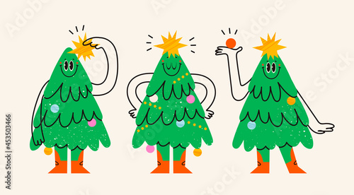 Set of funny isolated Christmas trees. Characters with smiling faces. Cartoon style. Merry Christmas, New year concept. Trees with hands, legs, garland with lights. Hand drawn Vector illustration.