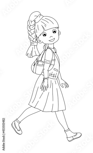 School girl in uniform for back to school concept in black and white color, can use for coloring book, poster, cards. Vector illustration.