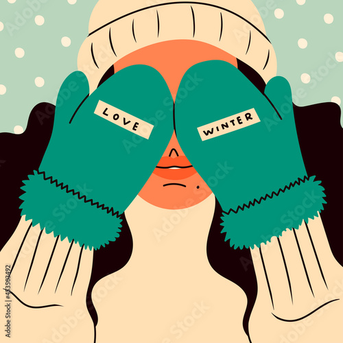 Close up portrait of young woman covering her eyes with her hands. Closed eyes by Mittens. Lady wearing warm beanie and sweater. Snowy winter weather, Cozy clothes concept. Vector illustration