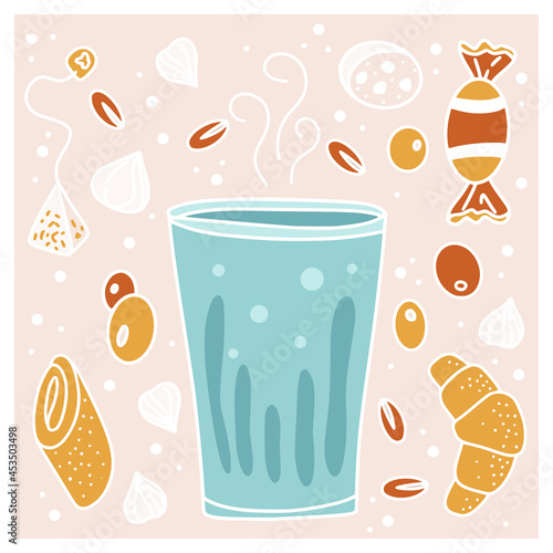 Ice tea or latte collection in hand drawn style, tea, coffee, macchiato in different shapes and forms in pastel color isolated on white background. Vector illustration.