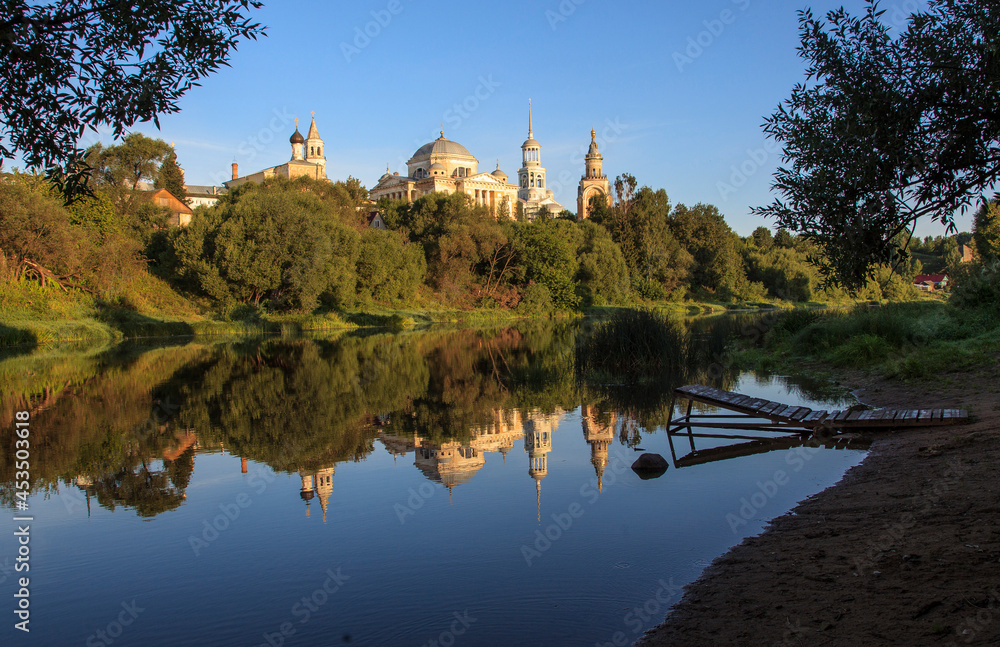 Morning on the Tvertsa River. View of the Borisoglebsky Monastery. Torzhok. Russia