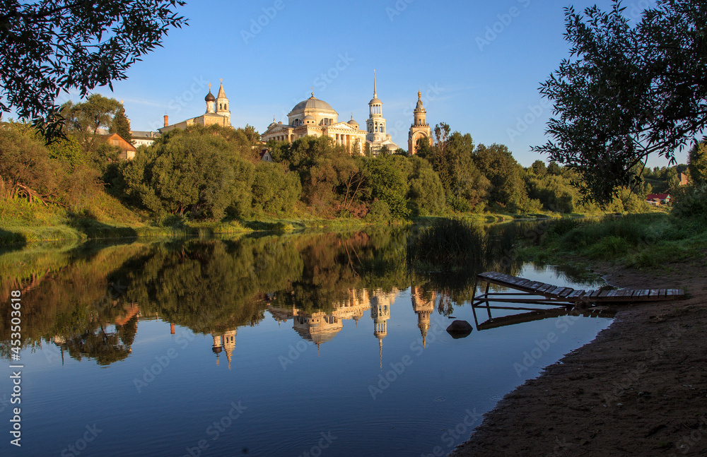 Morning on the Tvertsa River. View of the Borisoglebsky Monastery. Torzhok. Russia Morning on the Tvertsa River. View of the Borisoglebsky Monastery. Torzhok. Russia