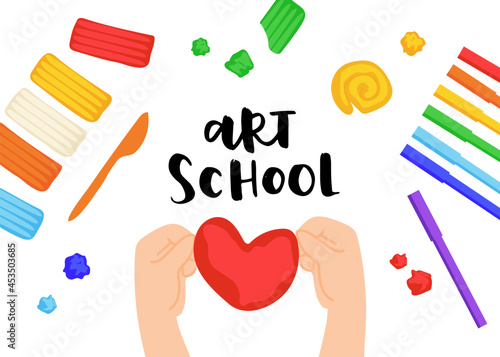 Kid sculpts sun, rainbow and cloud with plasticine, modelling clay tools, board and knife, art process, top view. Hand drawn illustration of art school in modern cartoon flat style