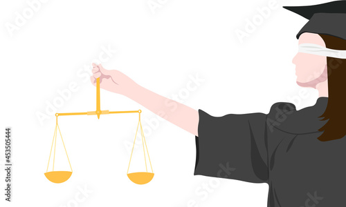Vector illustration of a woman judge with a blindfold and scales of justice in her hands. Judge in the guise of Themis. Flat digital drawing
